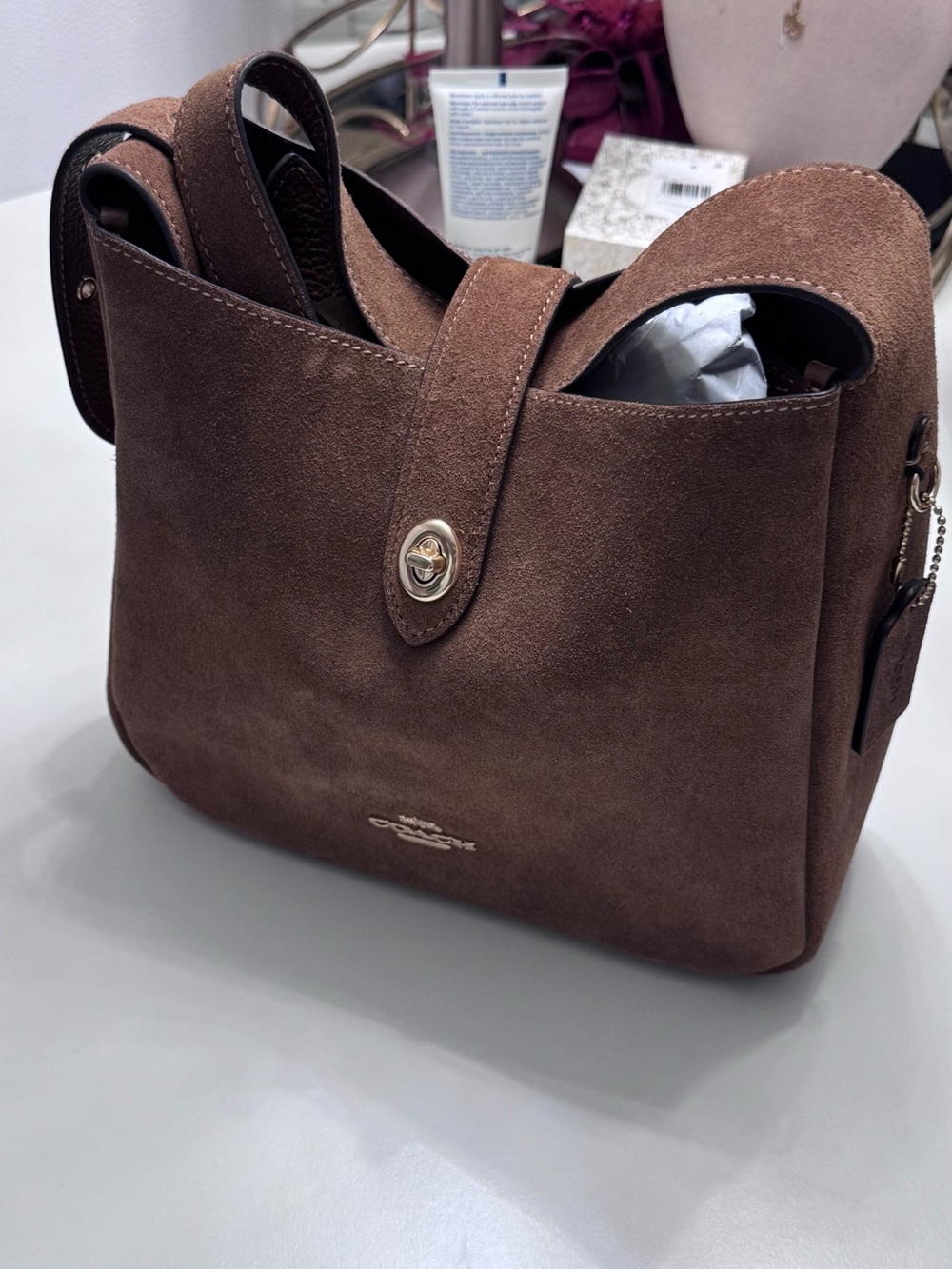 Coach Brown Suede Hadley Turnlock Hobo Bag - Picture 1 of 8